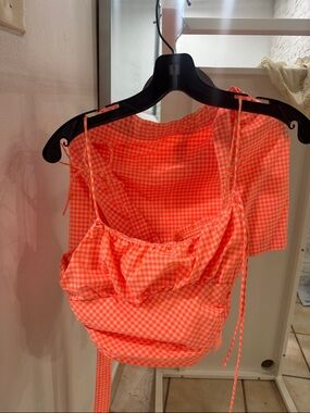 Gingham Tie-Strap Crop Top in Neon Coral and skort